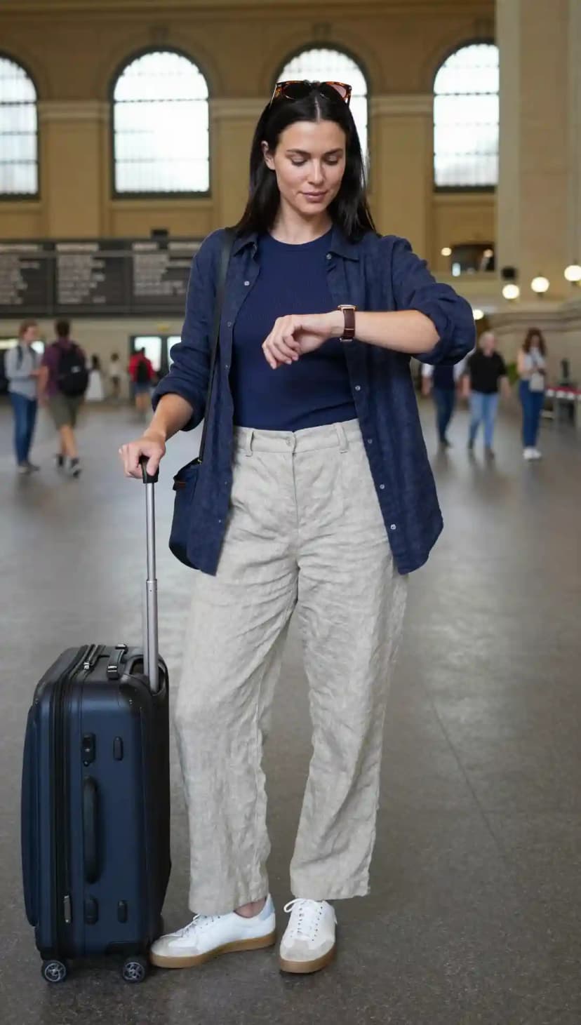 Navy Linen Button-Up Shirt + Navy Ribbed Tank Top + Beige Linen Wide-Leg Pants