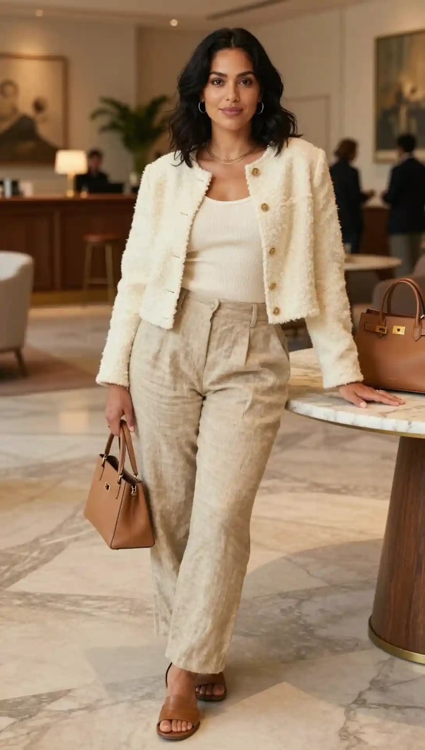 Cream Boucle Jacket + Beige Linen Trousers + Cream Ribbed Tank Top
