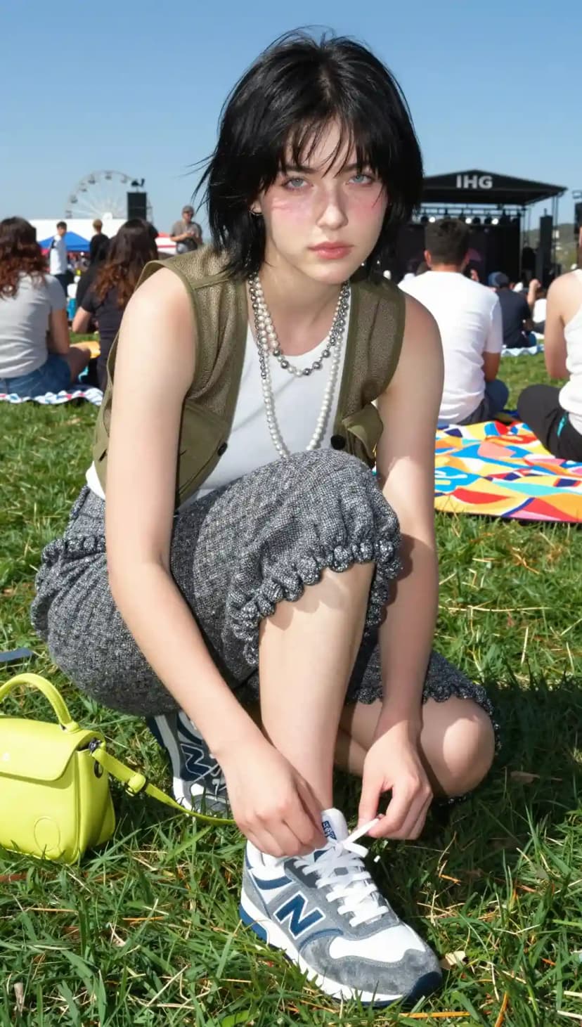White Tank Top + Olive Green Vest + Grey Patterned Skirt