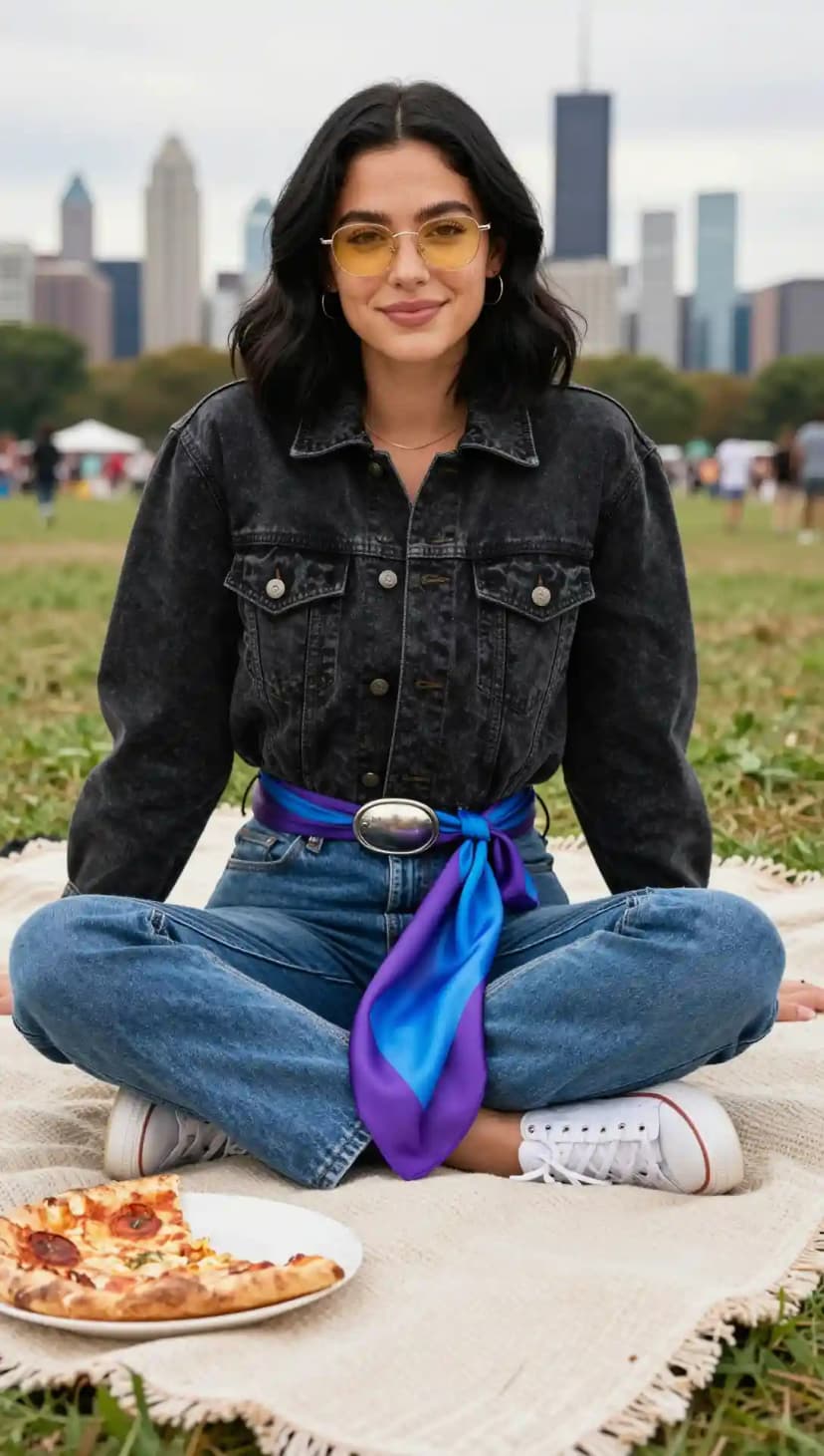 Grey Denim Jacket + Blue Jeans + Purple Scarf Belt