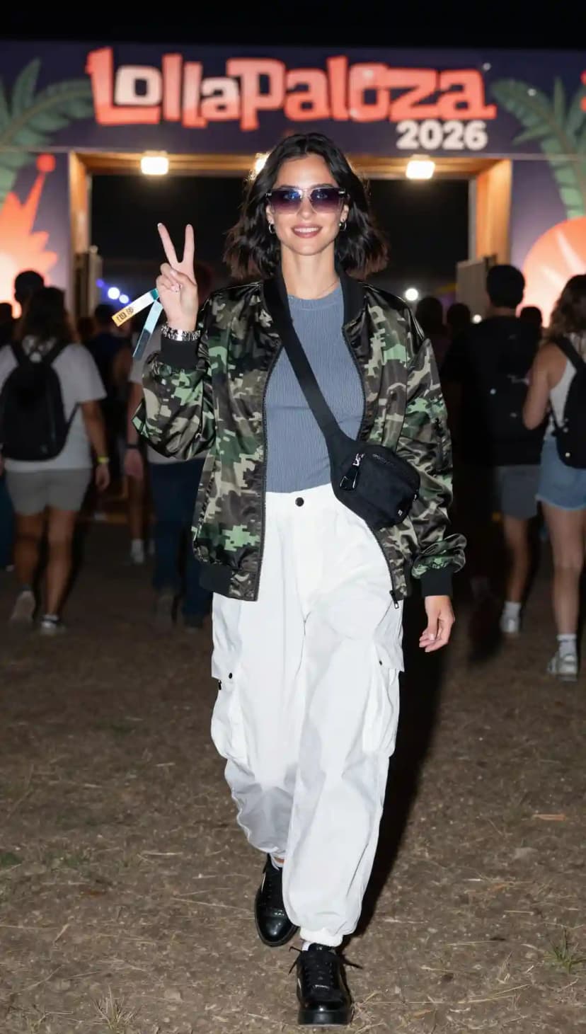 Grey T-shirt + Camo Jacket + White Cargo Pants