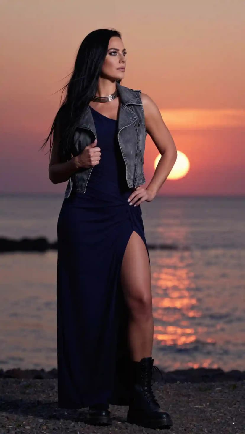 Navy Maxi Dress + Grey Denim Vest