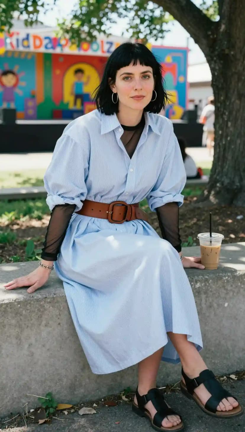 Blue Striped Dress + Brown Belt + Black Sandals