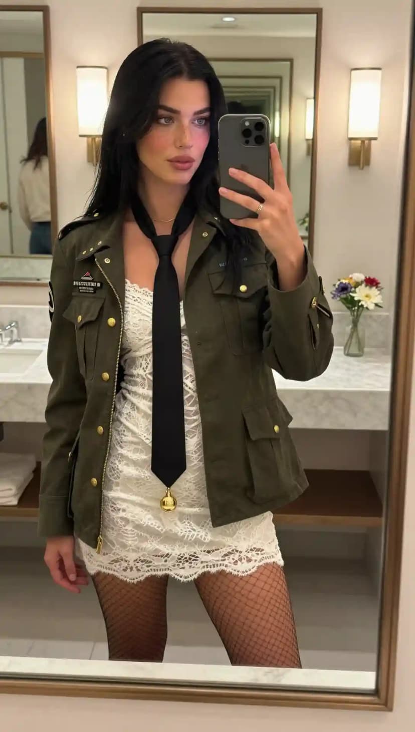Khaki Jacket + White Lace Dress + Black Tie + Fishnet Tights