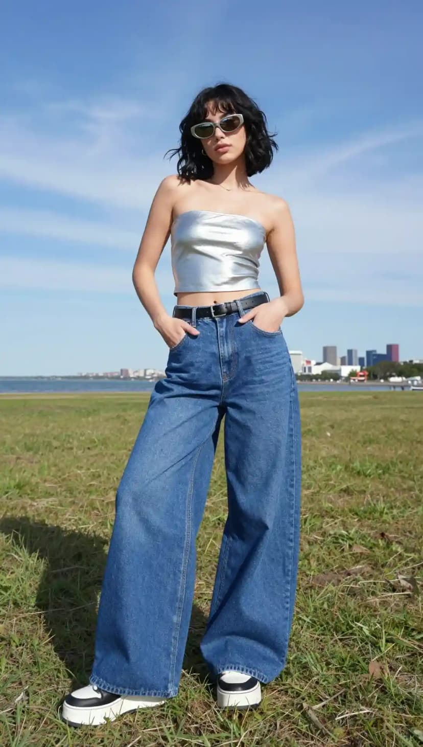 Silver Tube Top + Blue Wide-Leg Jeans + White Sneakers
