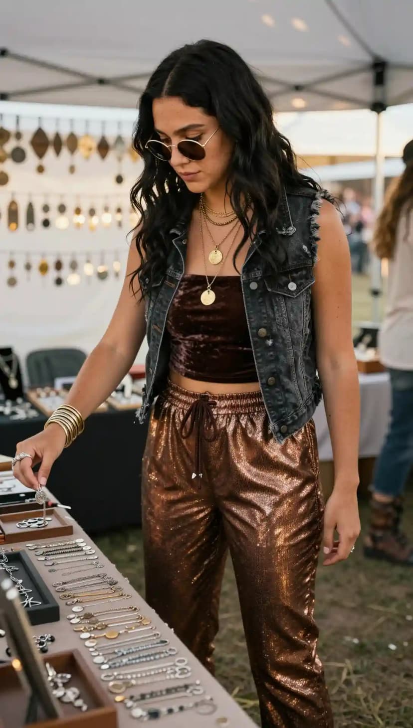 Velvet Crop Top + Sequined Pants + Denim Vest