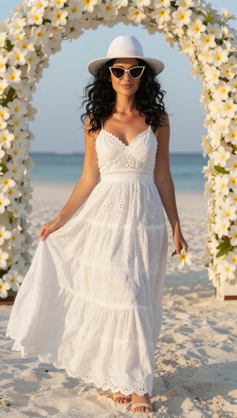 White Broderie Anglaise Maxi Dress + White Fedora Hat + Pearl Embellished Sunglasses