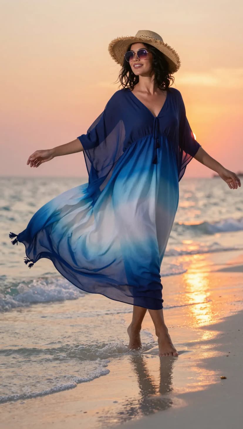Blue Ombre Chiffon Kaftan + Straw Sun Hat + Round Sunglasses