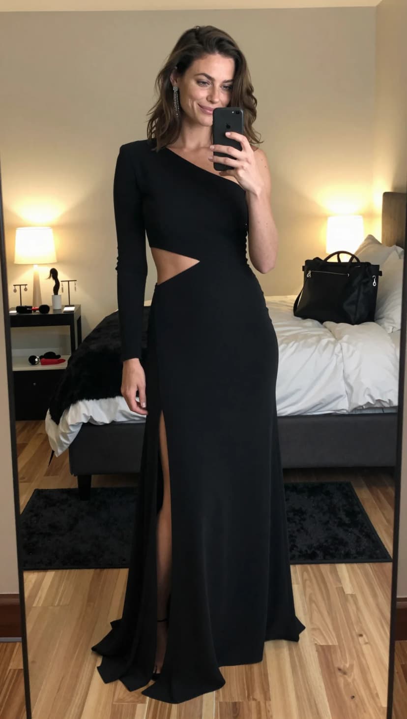 Black One-Shoulder Cutout Gown + Silver Dangle Earrings
