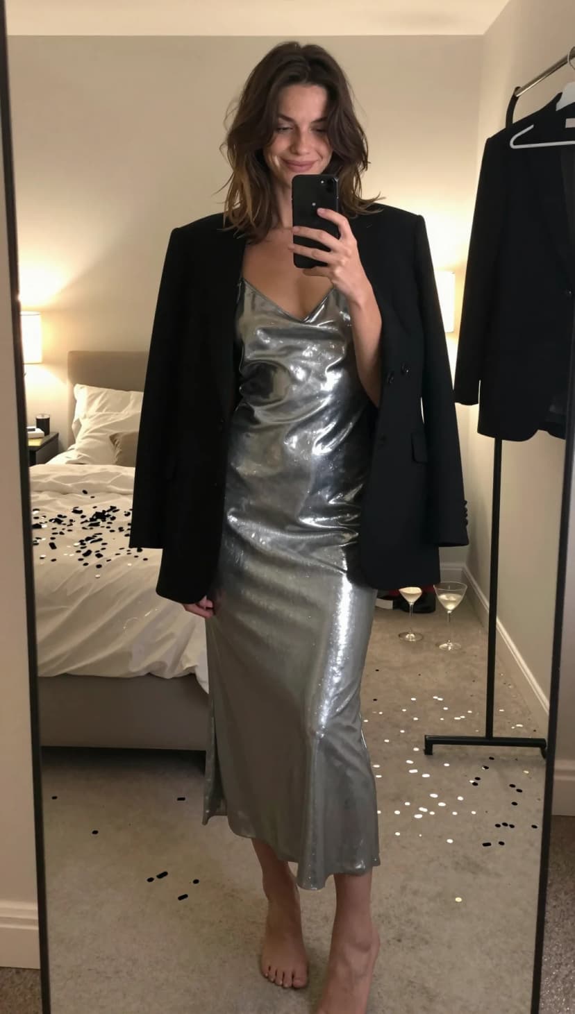 Silver Metallic Slip Dress + Black Oversized Blazer