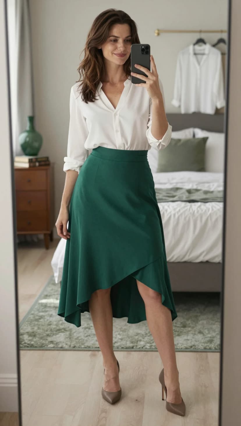 White Button-Down Shirt + Emerald Green Asymmetrical Skirt + Taupe Heels