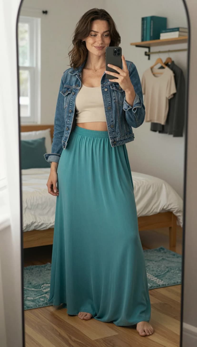 Beige Ribbed Crop Tank + Teal Silky Maxi Skirt + Blue Denim Jacket
