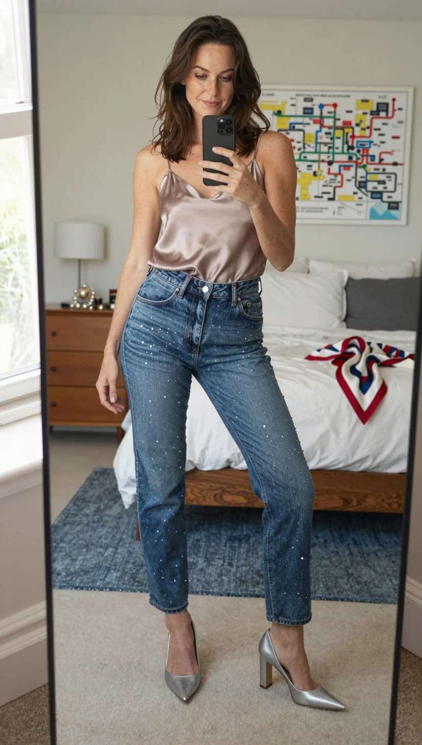 Champagne Satin Cami + Blue Embellished Straight Leg Jeans + Silver Block Heels