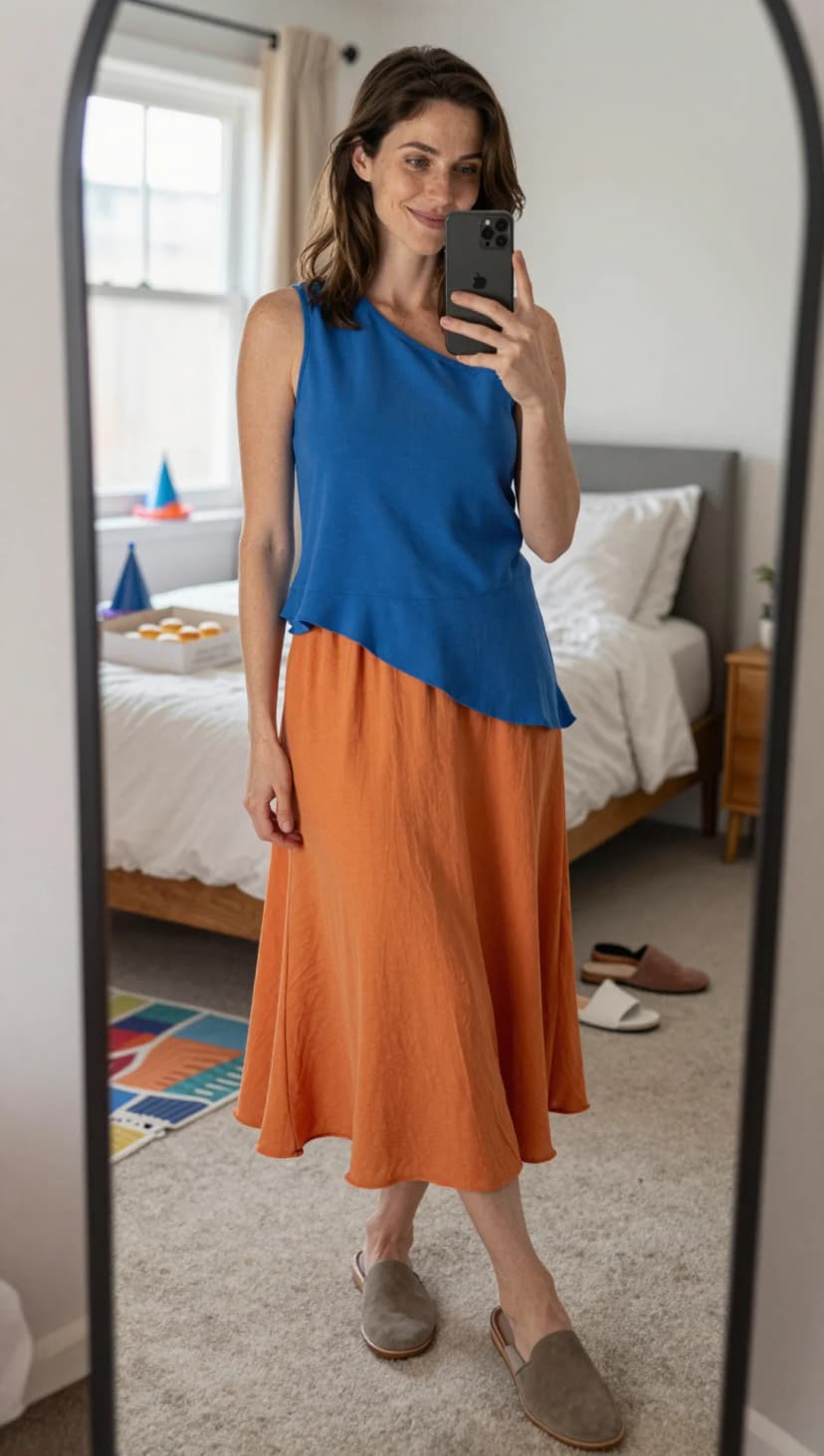 Blue Asymmetrical Tank + Orange Linen Midi Skirt + Taupe Suede Mules