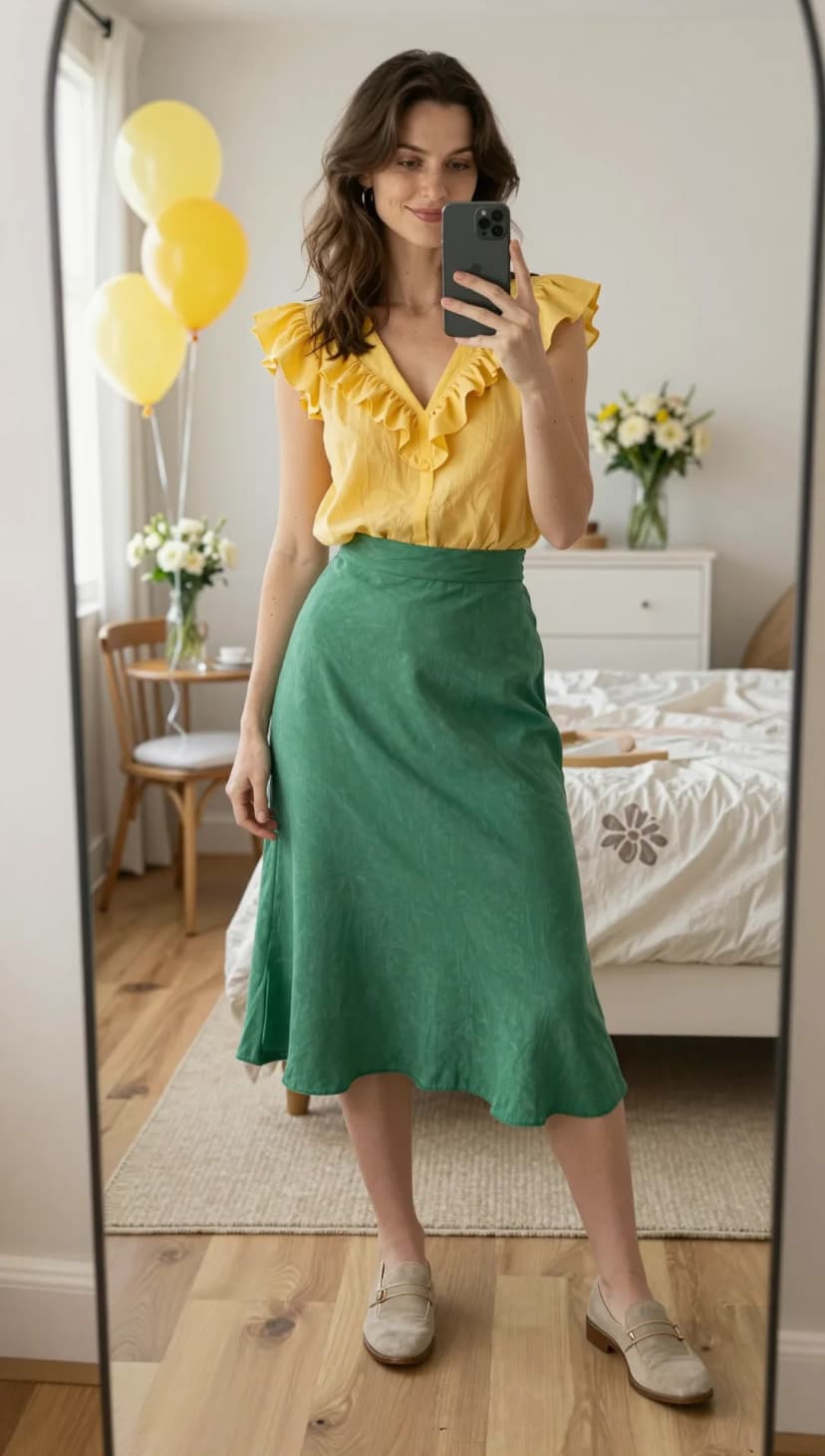 Yellow Ruffle Blouse + Green Midi Skirt + Beige Loafers