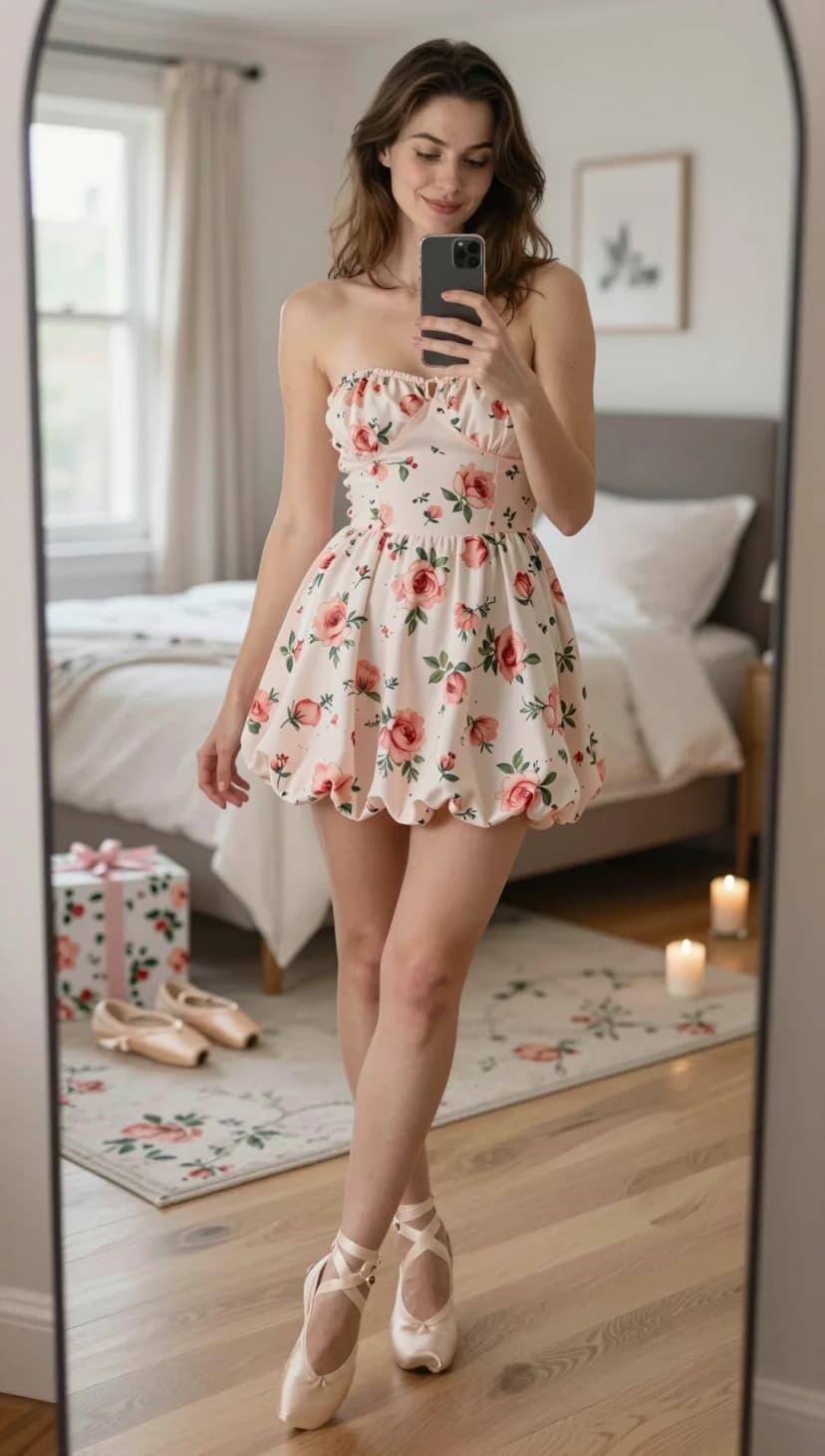 Cream Floral Print Bubble Hem Mini Dress + Pink Ballet Flats