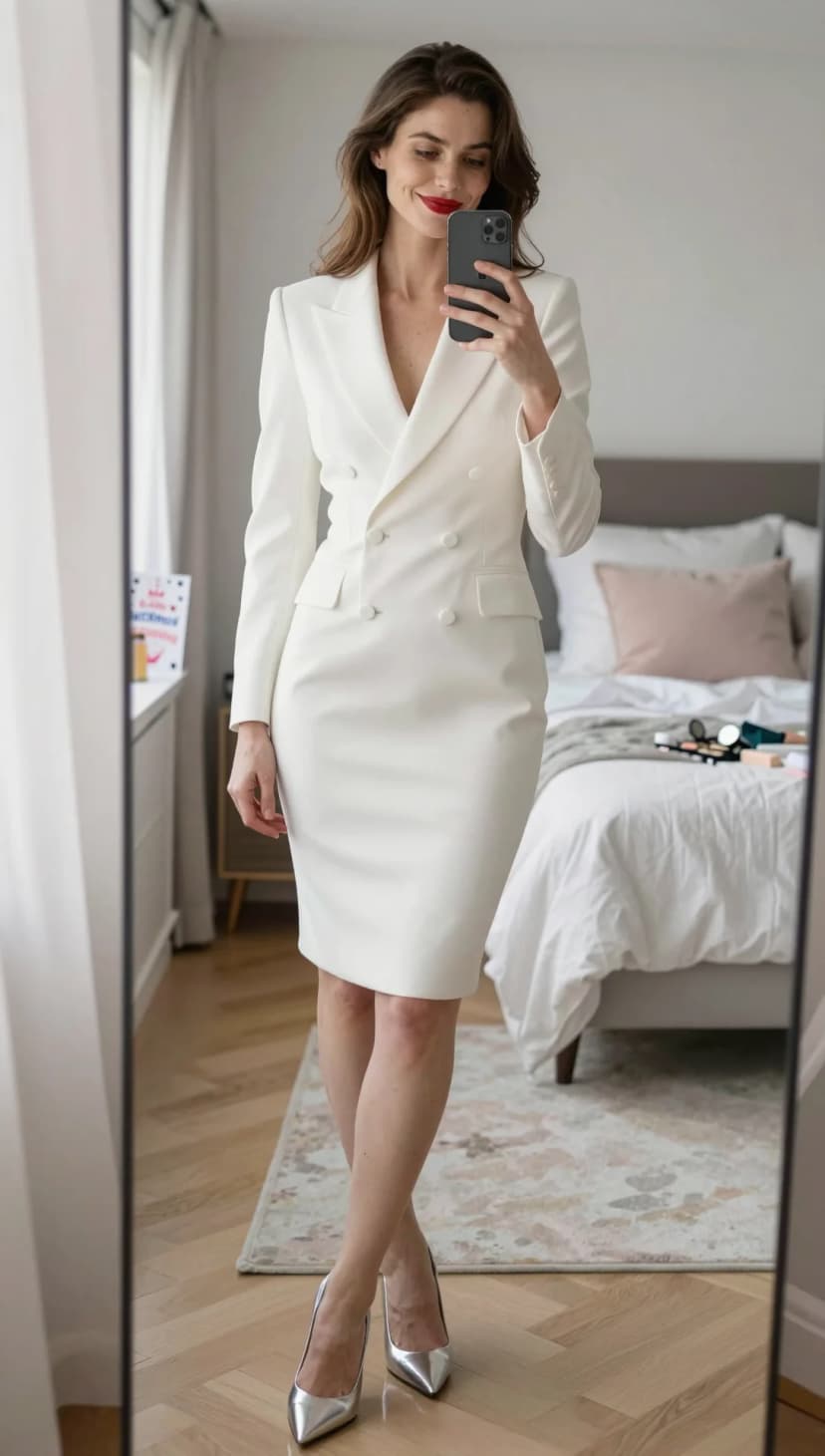 White Double-Breasted Blazer Dress + Silver Stiletto Heels