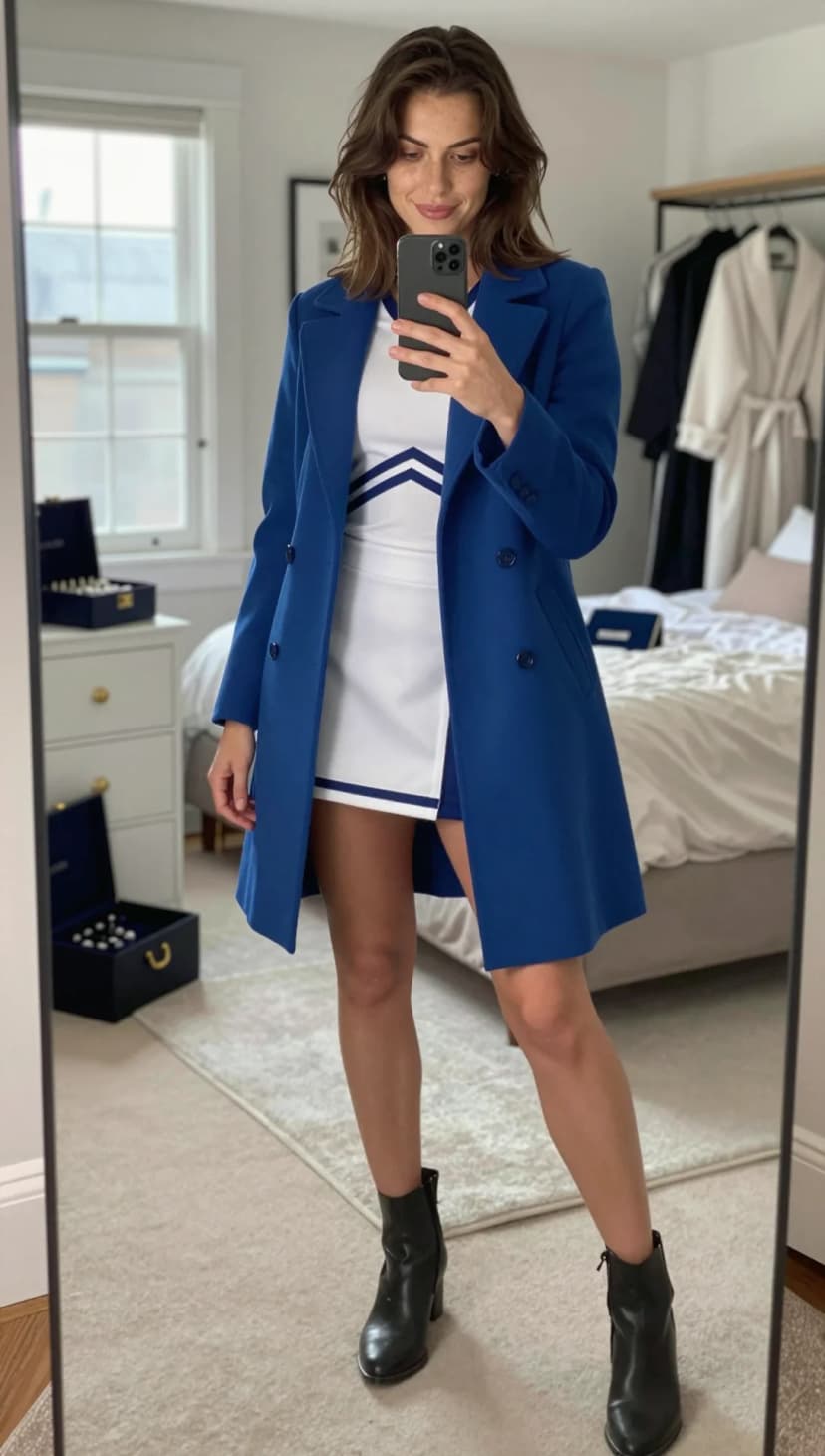 Royal Blue Wool Coat + White and Royal Blue Chevron Tennis Dress + Black Leather Ankle Boots