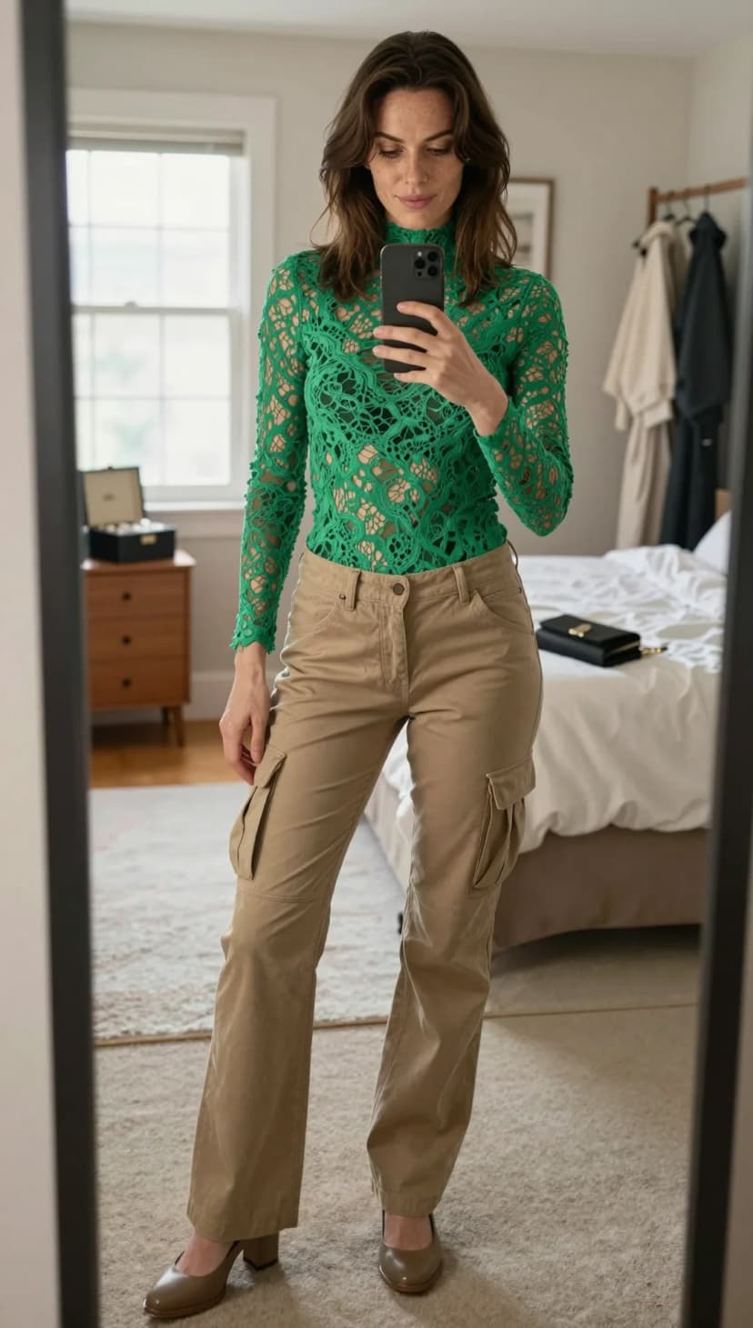 Green Lace Mock Neck Top + Khaki Cargo Pants + Taupe Block Heel Pumps