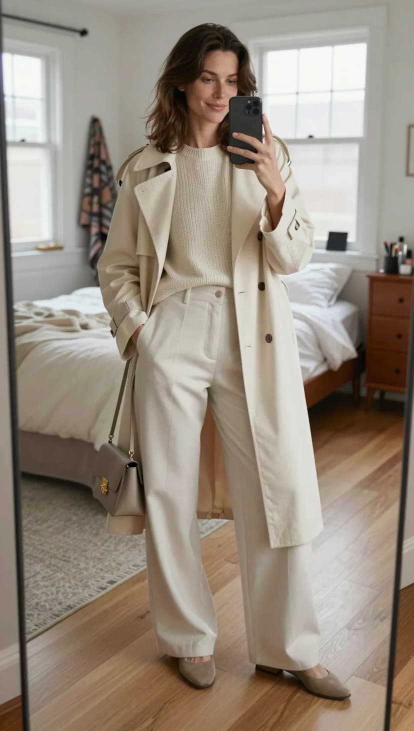 Cream Knit Sweater + Cream Wide-Leg Trousers + Cream Trench Coat + Taupe Suede Flats