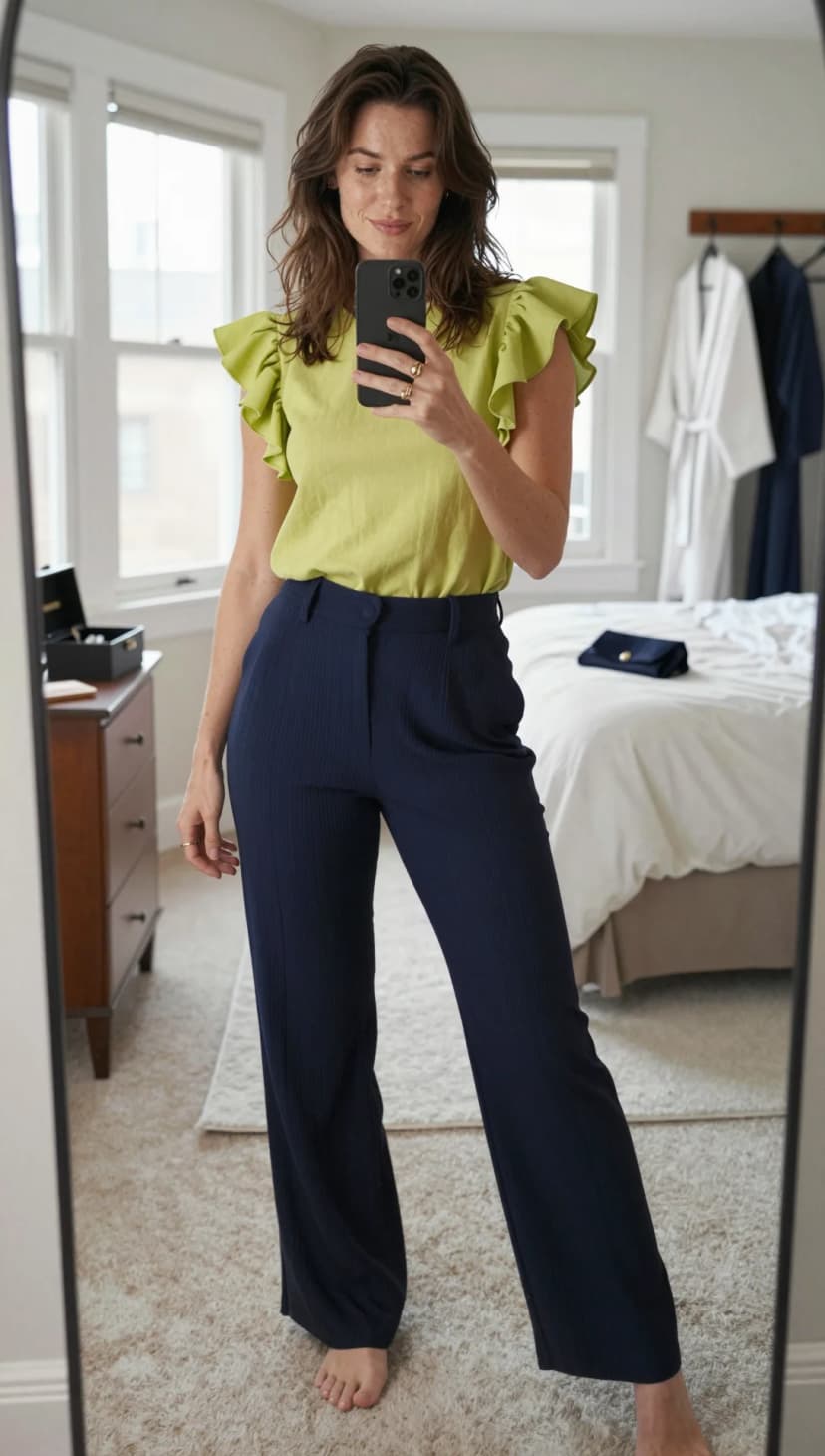Lime Ruffle Sleeve Top + Navy Pinstripe Wide-Leg Trousers