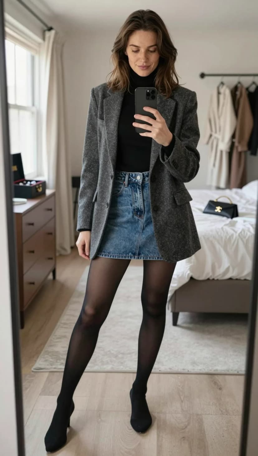 Black Ribbed Turtleneck + Grey Tweed Blazer + Blue Denim Mini Skirt + Black Tights + Black Pointed-Toe Heels
