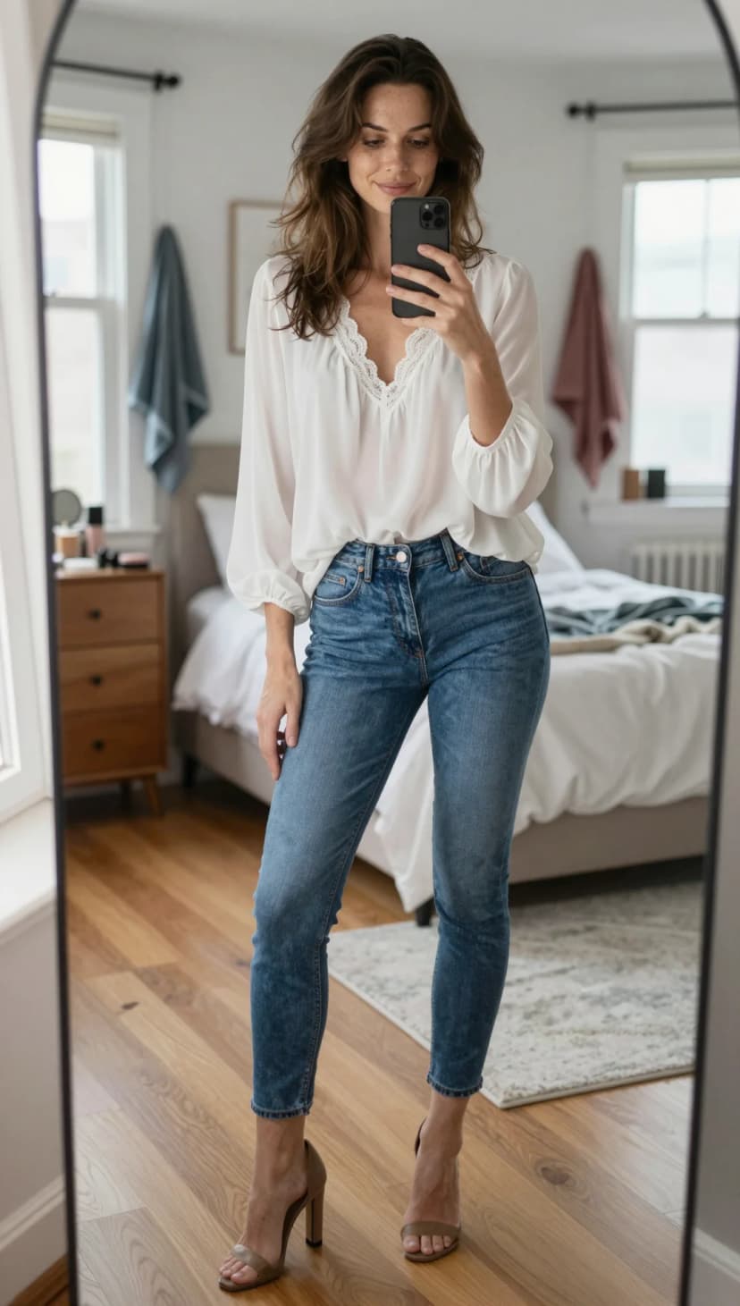 White Lace Trim Blouse + Blue Wash Denim Jeans + Taupe Block Heel Sandals