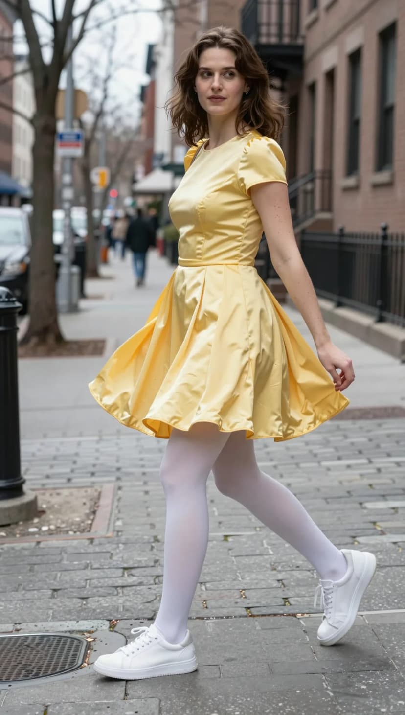 Yellow Satin Puff Sleeve Dress + White Tights + White Sneakers