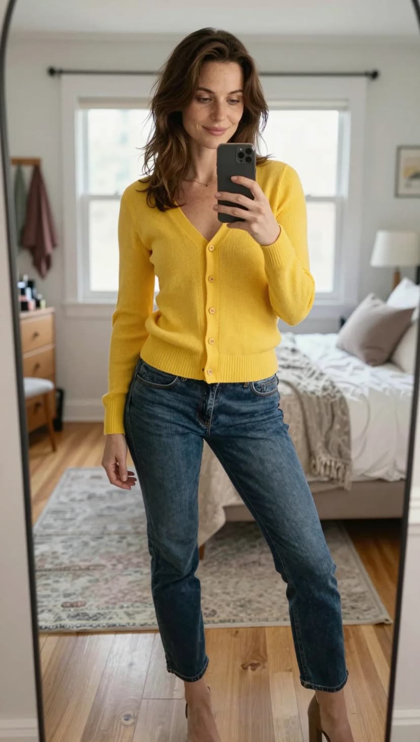 Yellow Knit Cardigan + Blue Denim Jeans + Taupe Heels