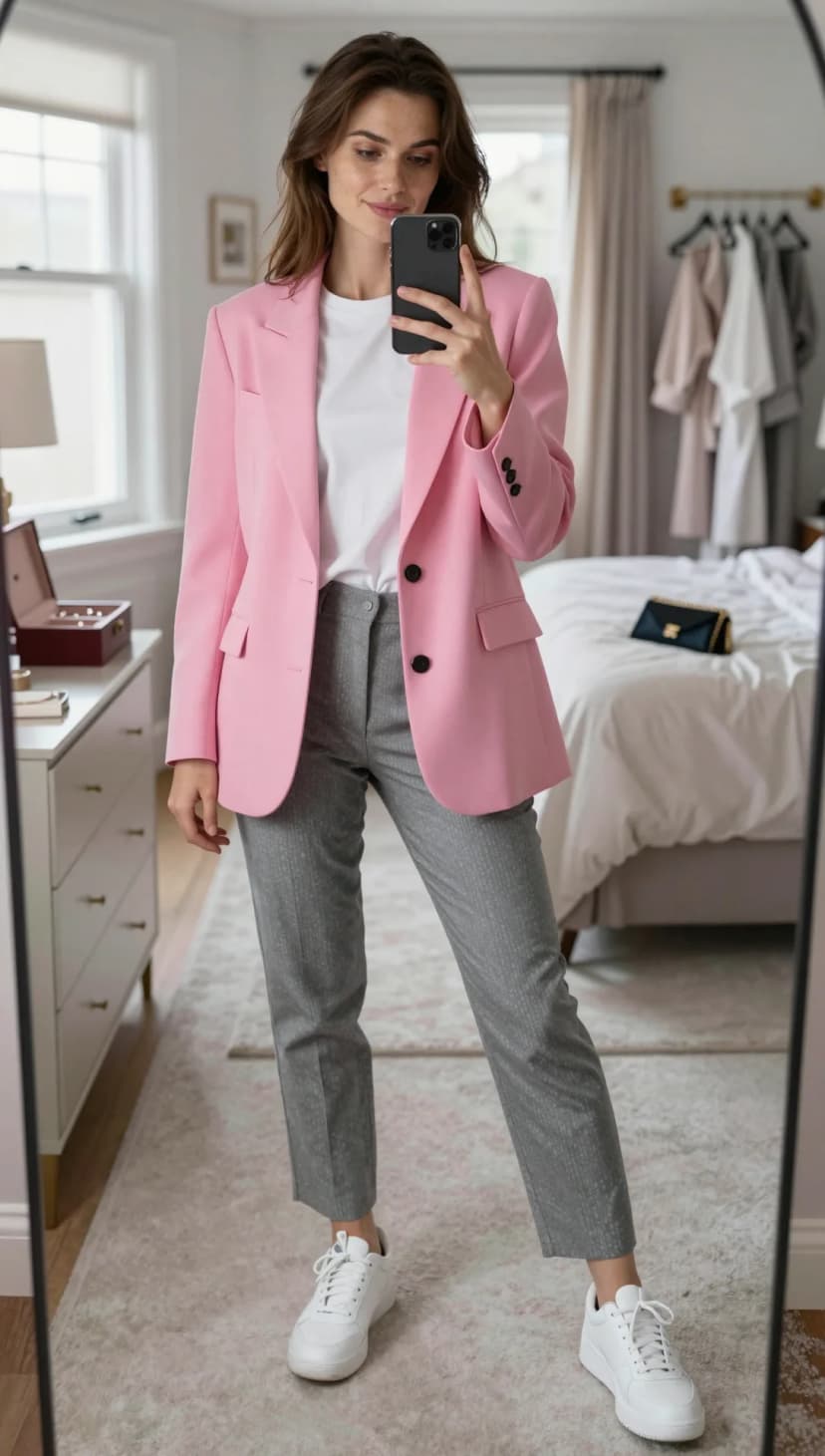 Pink Blazer + Grey Patterned Trousers + White T-Shirt + White Sneakers
