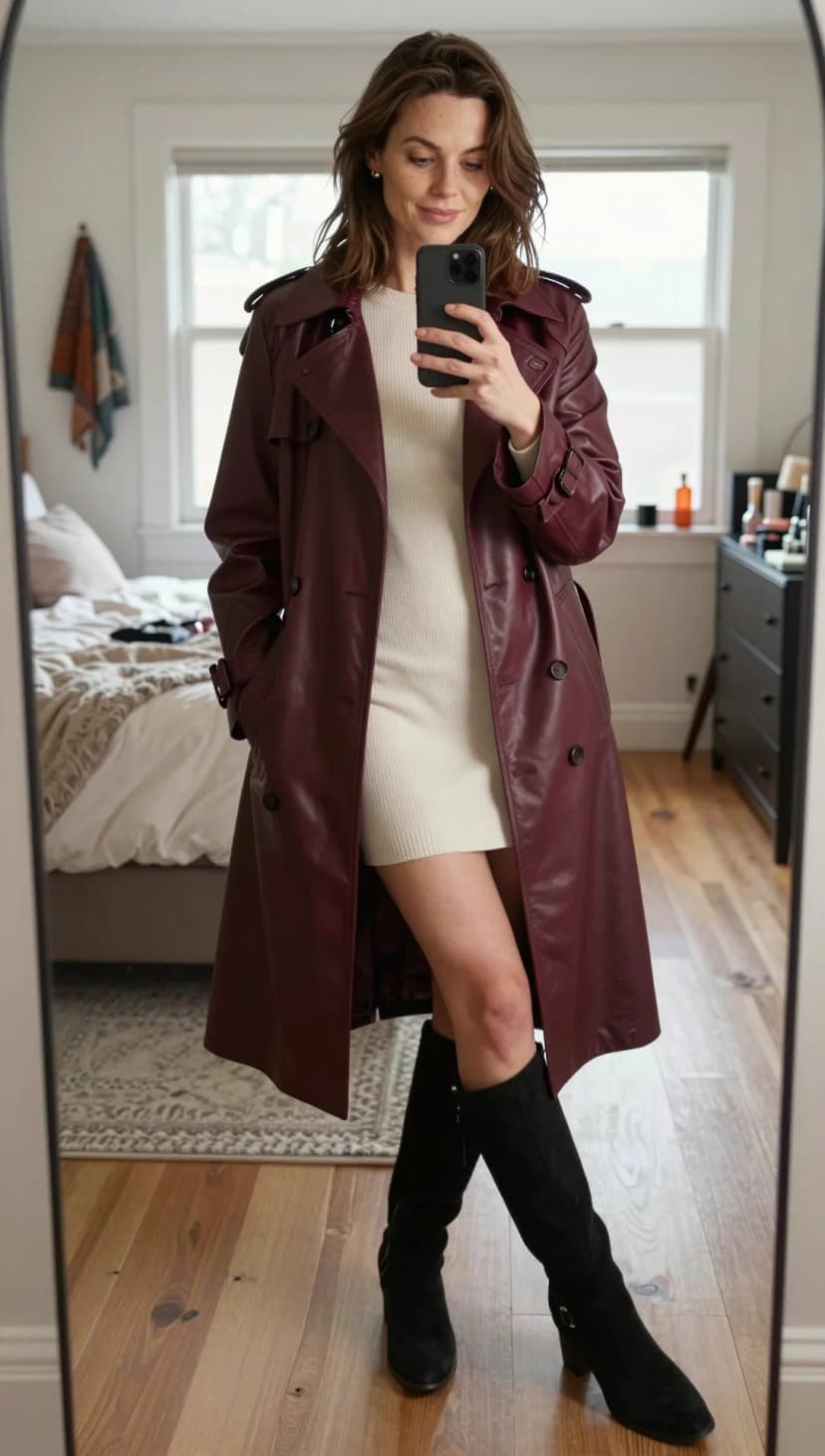 Cream Ribbed Knit Mini Dress + Burgundy Faux Leather Trench Coat + Black Suede Boots