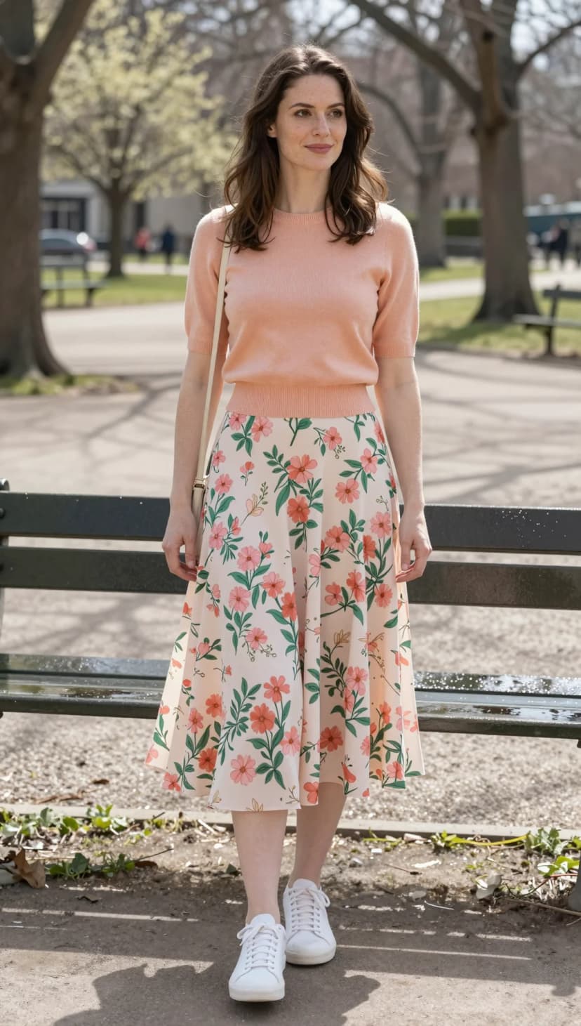 Peach Knit Short Sleeve Sweater + Floral Midi Skirt + White Sneakers