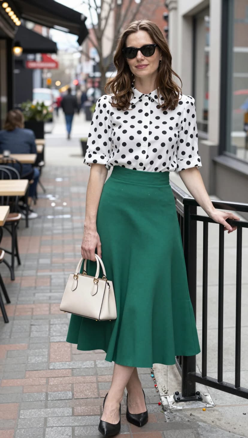 White Polka Dot Button-Down Shirt + Emerald Green A-Line Midi Skirt + Black Pointed-Toe Heels