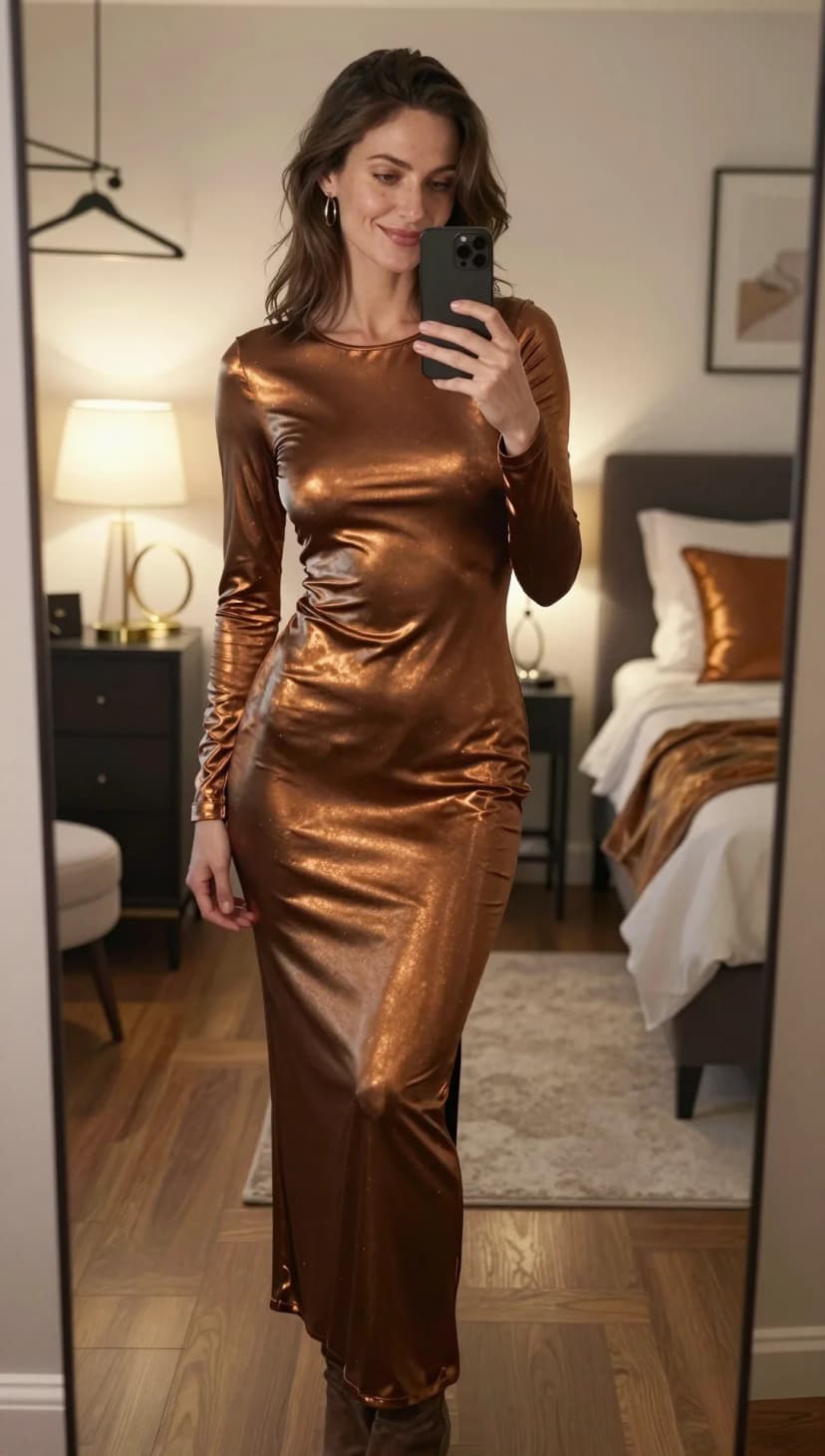 Bronze Metallic Maxi Dress + Brown Suede Boots