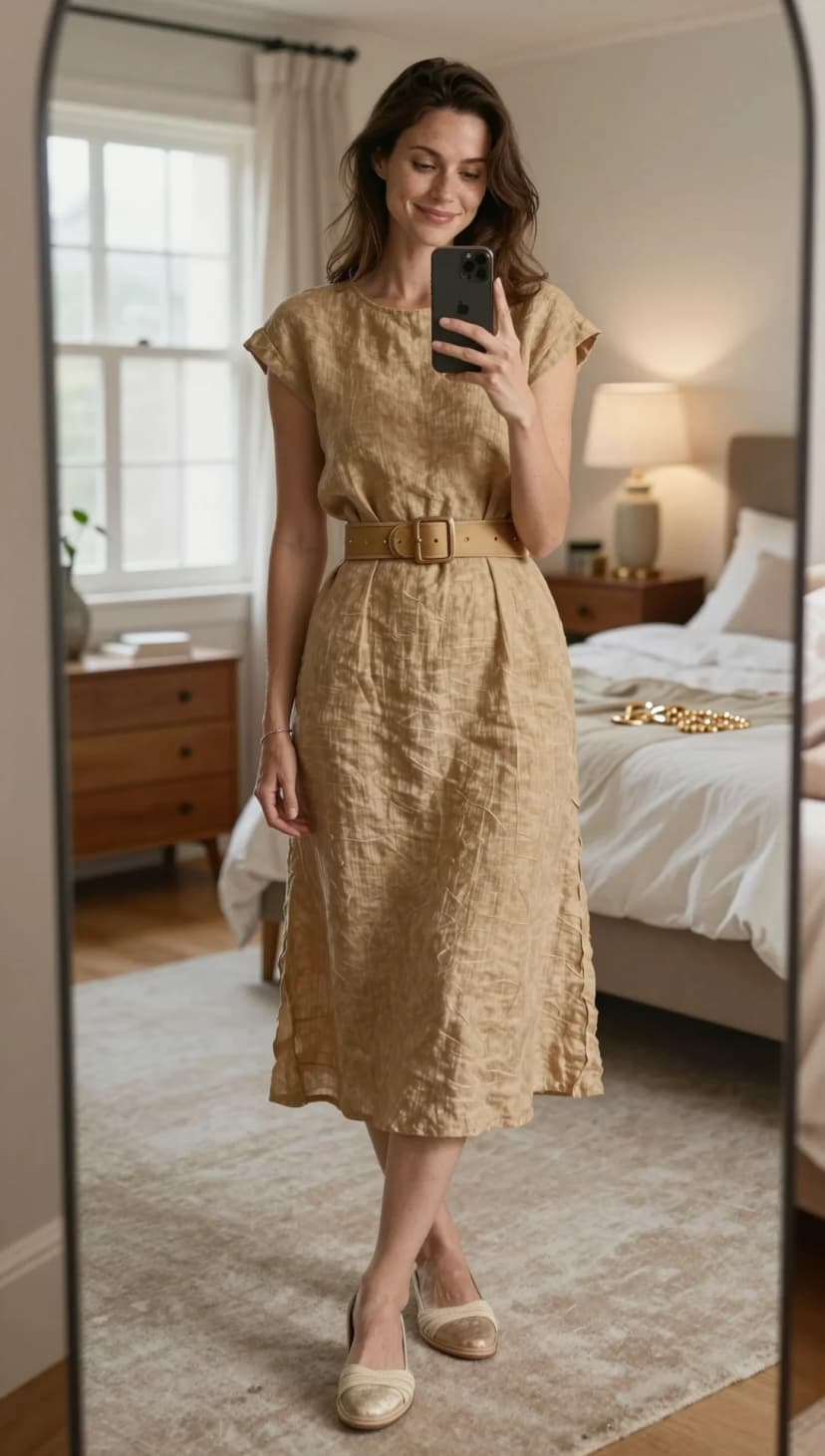 Beige Linen Midi Dress + Tan Wide Belt + Gold & Beige Embellished Flats