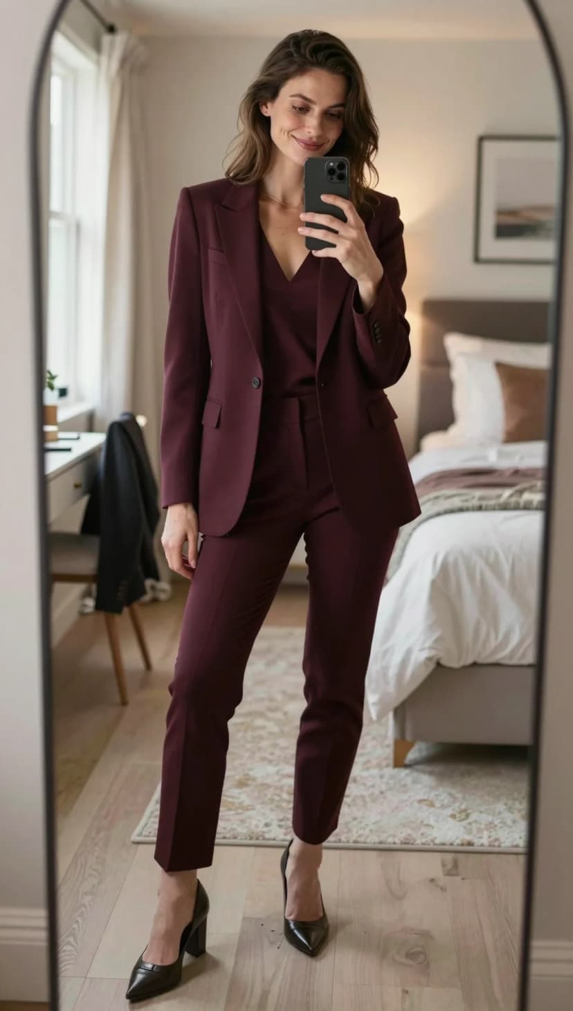 Burgundy Wool Blazer + Burgundy V-Neck Top + Burgundy Wool Trousers + Black Leather Heels