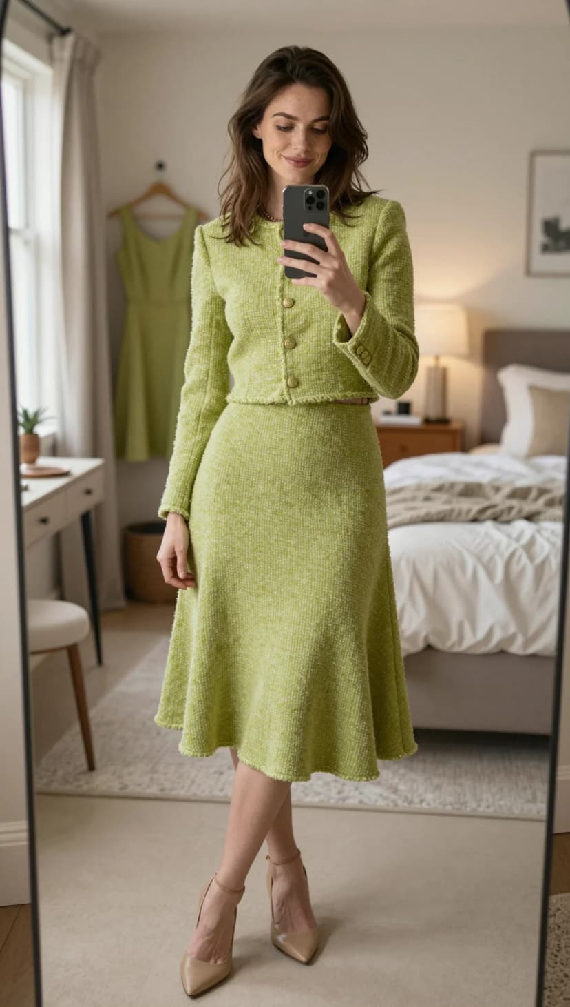 Lime Tweed Cropped Jacket + Lime Tweed Midi Skirt