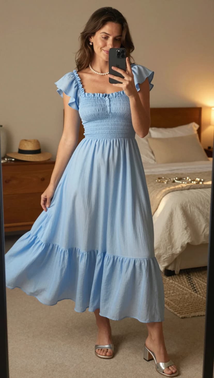 Sky Blue Linen Blend Smocked Midi Dress + Silver Block Heel Mules