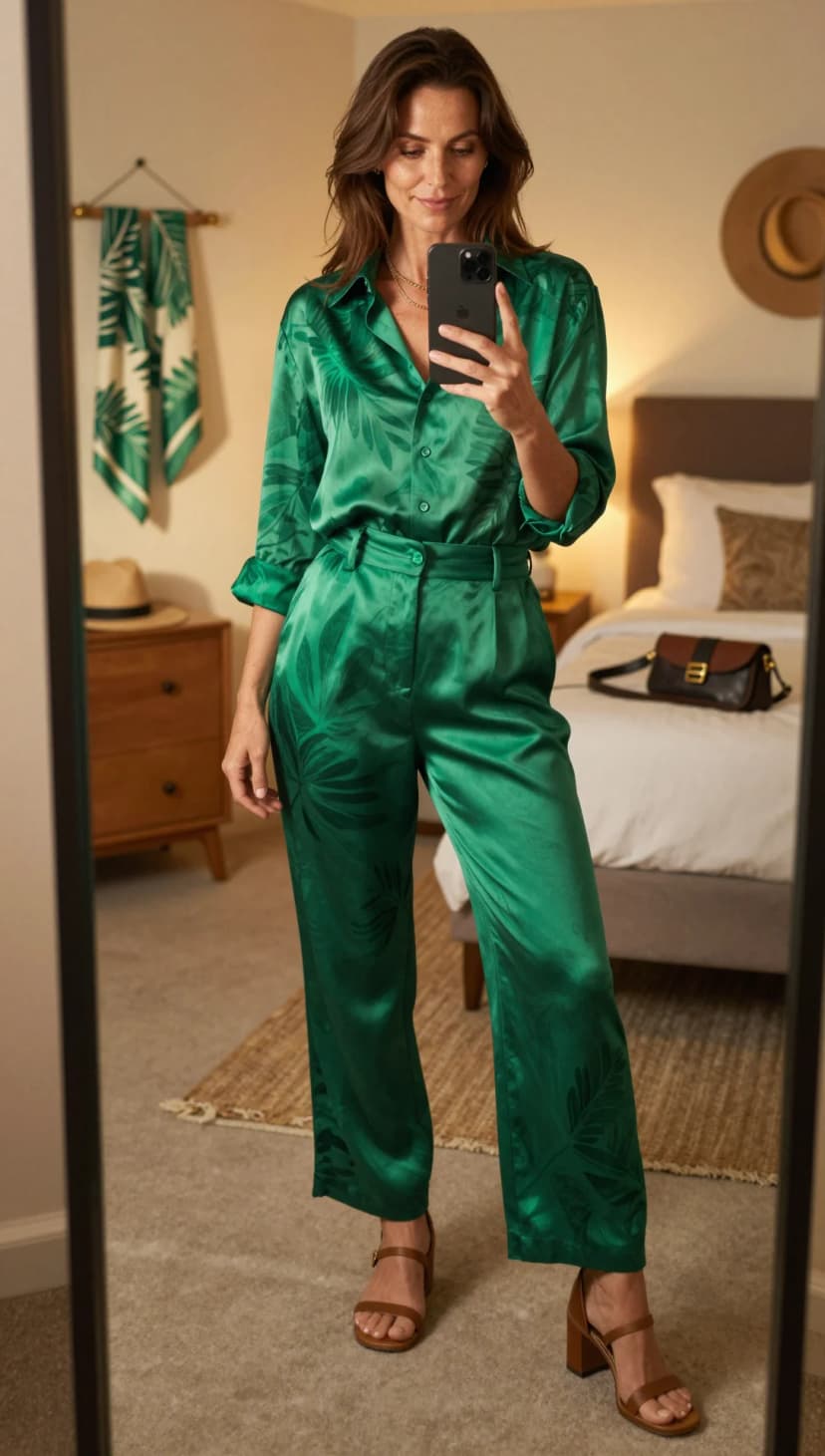 Emerald Green Satin Leaf Print Shirt + Matching Trousers + Brown Block Heel Sandals