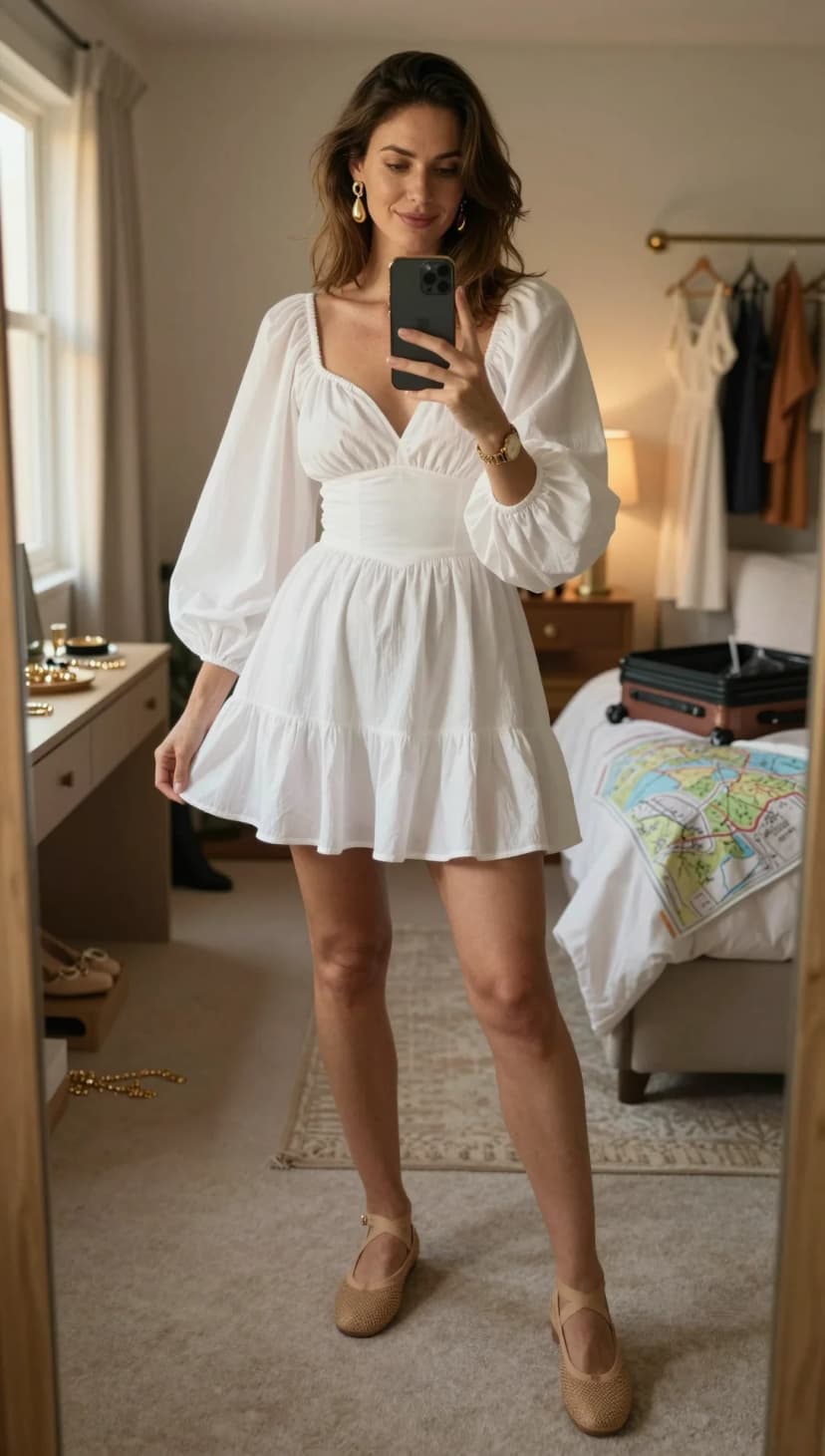 White Cotton Puff Sleeve Mini Dress + Tan Woven Ballet Flats