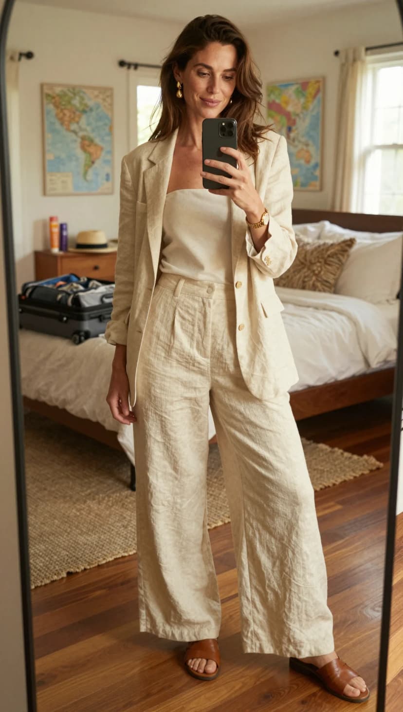 Cream Linen Blazer + Cream Linen Wide-Leg Trousers + Cream Strapless Top + Brown Leather Slides