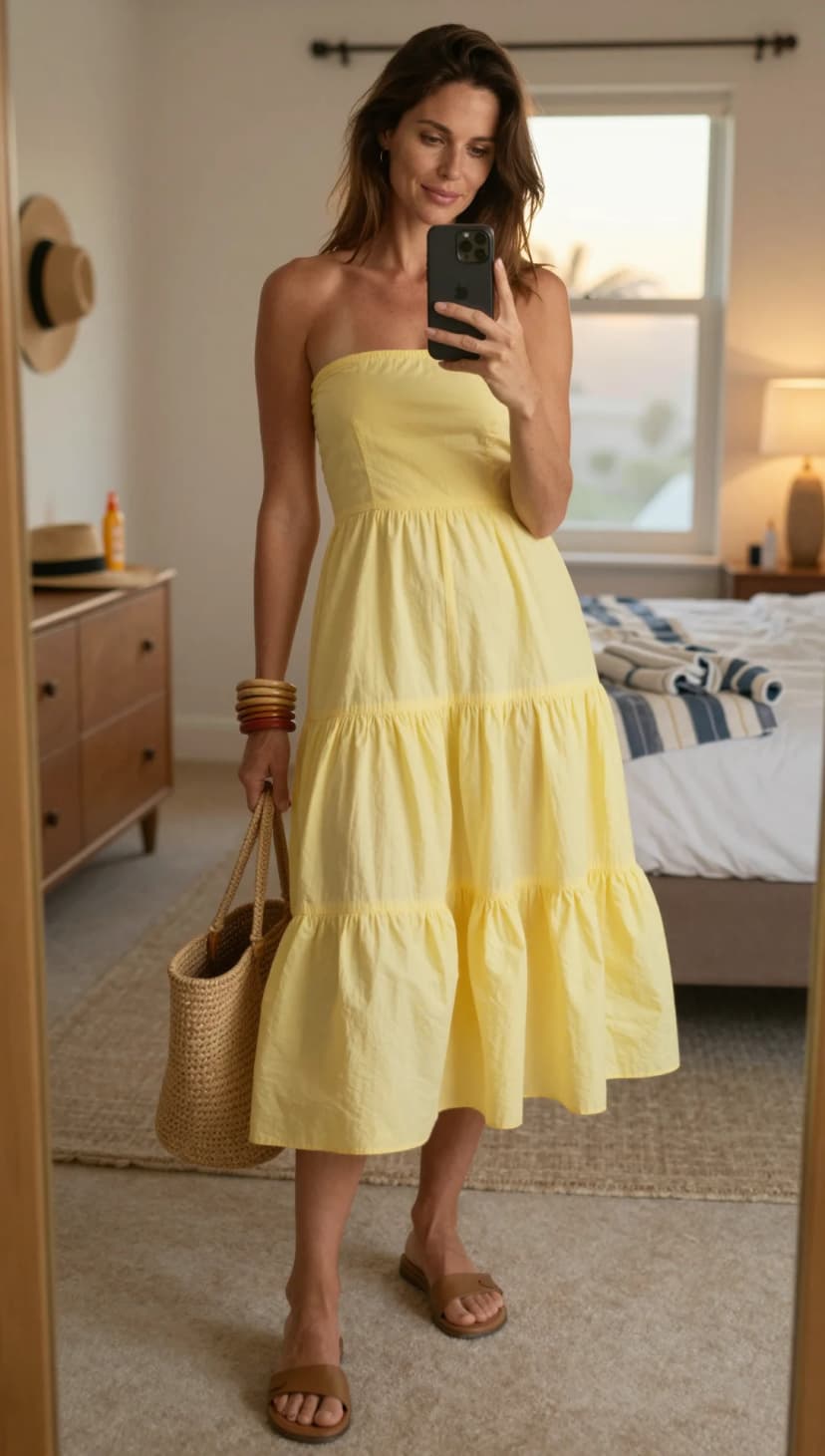 Yellow Cotton Tiered Strapless Midi Dress + Brown Leather Slide Sandals + Woven Straw Tote