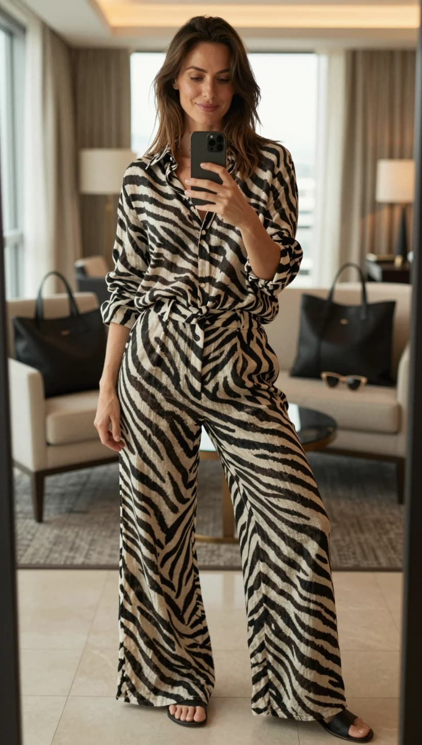 Black and White Zebra Print Silk Shirt + Matching Wide-Leg Trousers