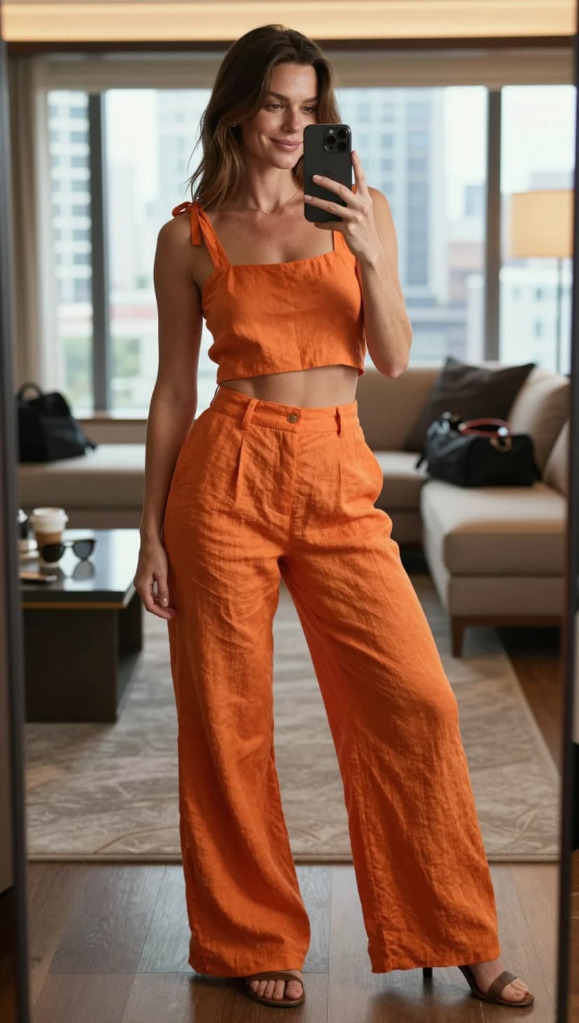 Orange Linen Crop Top + Orange Linen Wide-Leg Pants
