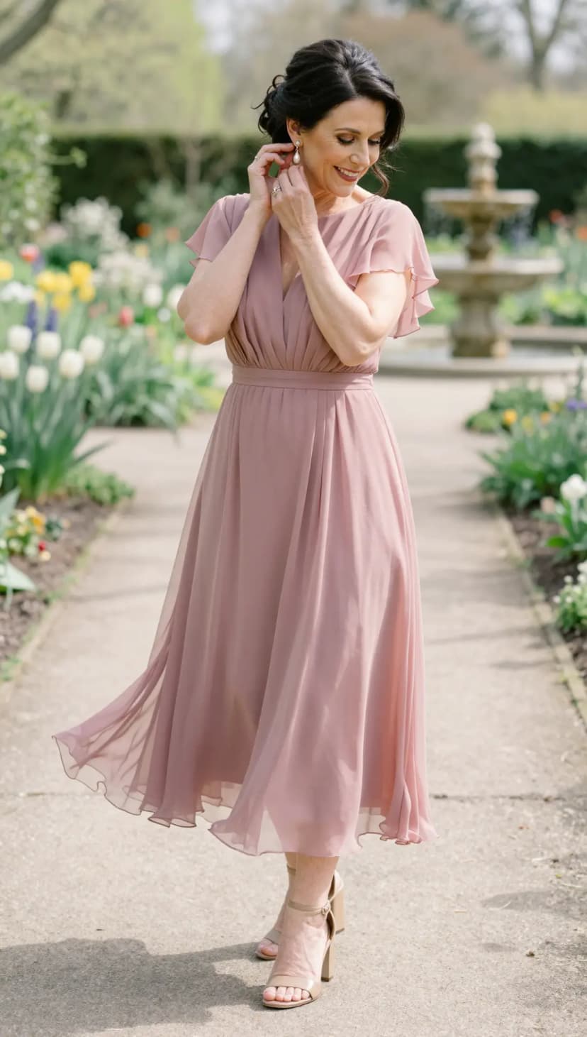 Rose Chiffon Dress + Nude Strappy Heels