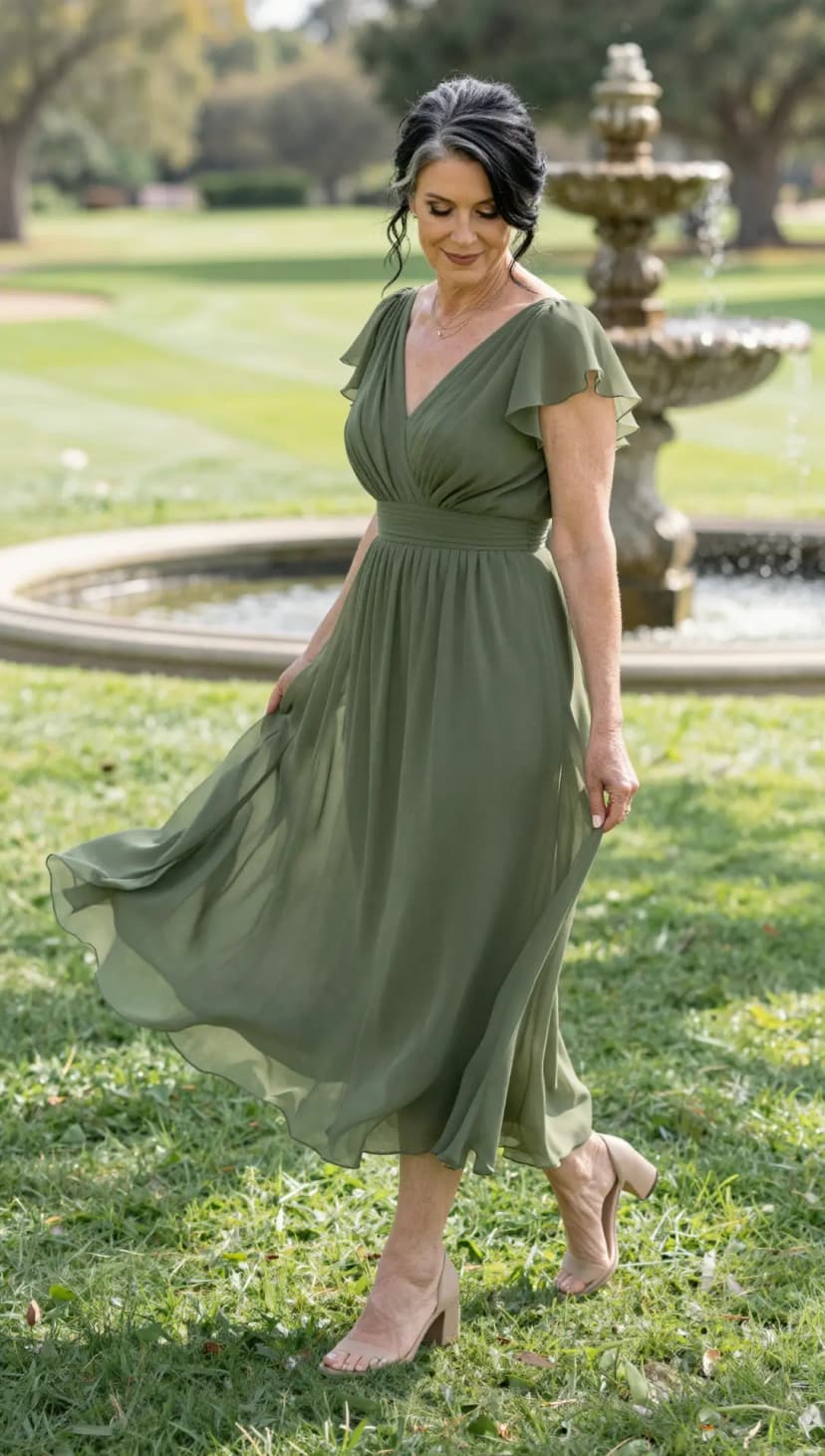Olive Chiffon V-Neck Dress