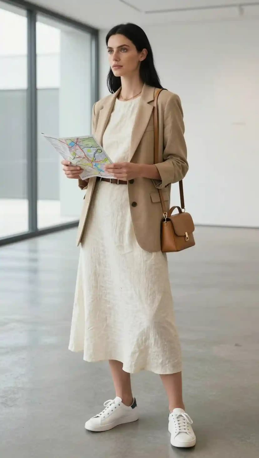 Beige Linen Blazer + Cream Linen Dress + Brown Leather Belt + White Leather Sneakers