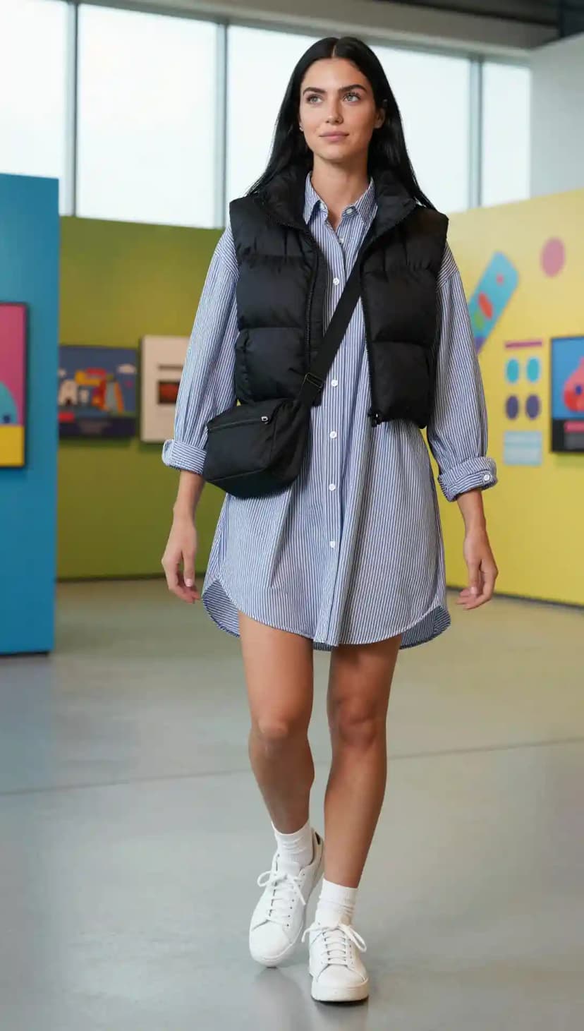 Blue Striped Cotton Shirt Dress + Black Puffer Vest
