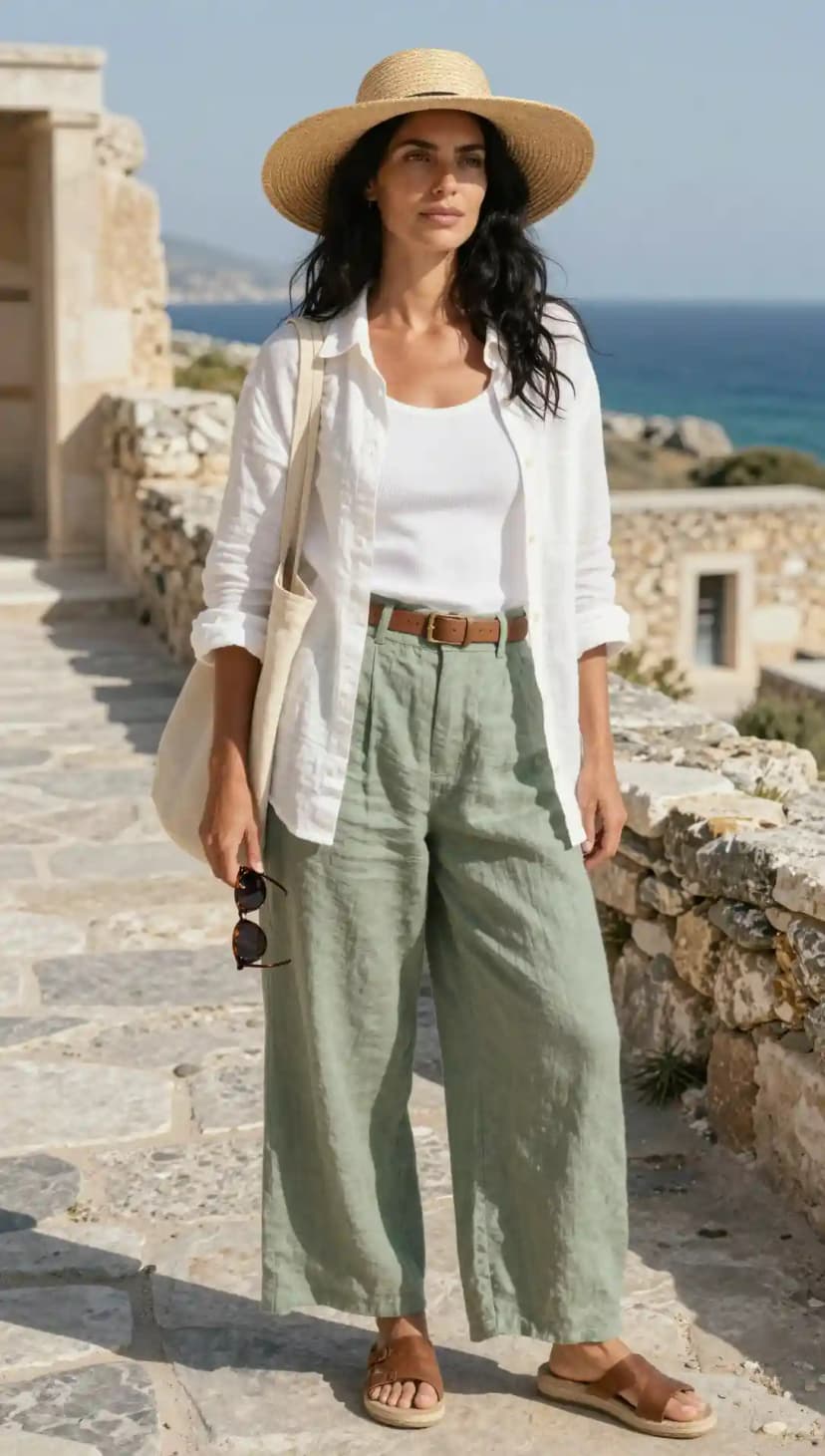 White Linen Shirt + White Ribbed Tank Top + Sage Linen Wide-Leg Pants
