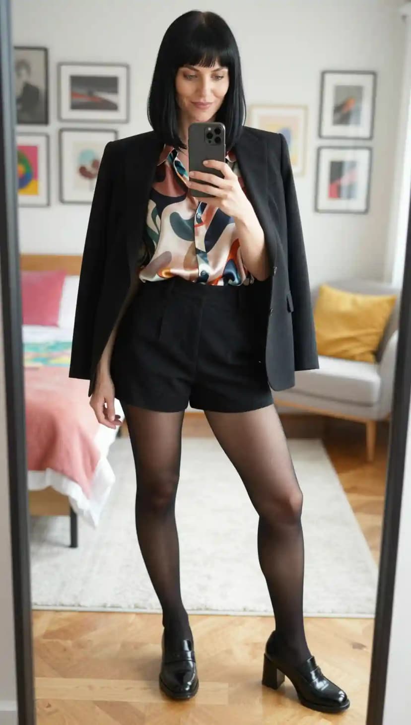 Black Blazer + Multi-Color Silk Blouse + Black Wool Shorts + Black Tights